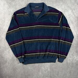 Vintage Chesterfield Men Velour Striped Polo Sweatshirt Blue Purple Large Rugby